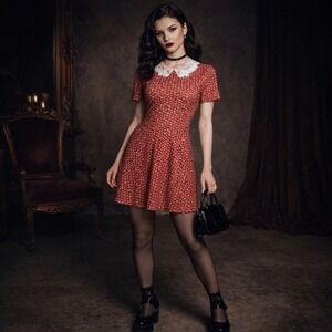 Midnight Hour Skull Floral Dress M Red Peter Pan Collar Goth Dark Academia Alt